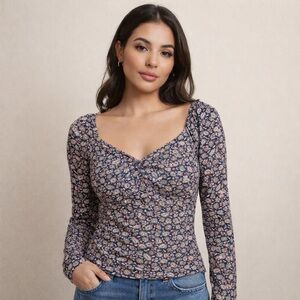 Boden Shirt Womens 12 Blue Paisley Print Cowl Neck Long Sleeve Stretch Top